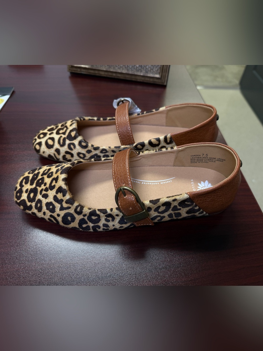Yellow Box Women’s Leopard Print Mary Jane Flats with Brown Strap